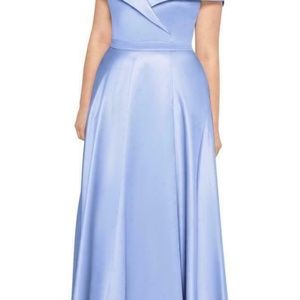 XSCAPE Plus Size Women's Off the Shoulder Satin-A-Line Gown Blue 18w